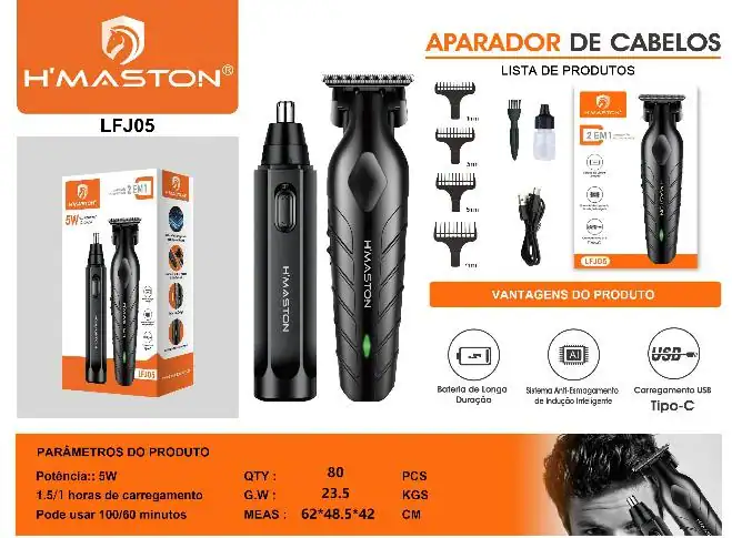 Cortador de cabelo H'Maston LFJ05, com potência de 5W, ideal para cortes precisos e eficientes. Compacto, durável e fácil de usar, perfeito para cuidados pessoais em casa ou profissionais.