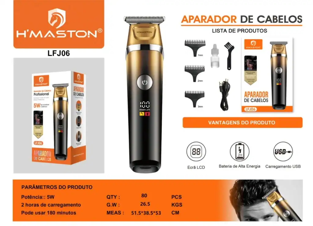 Cortador de cabelo com lâminas de aço inoxidável e cerâmica de alta precisão.