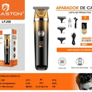 Cortador de cabelo com lâminas de aço inoxidável e cerâmica de alta precisão.