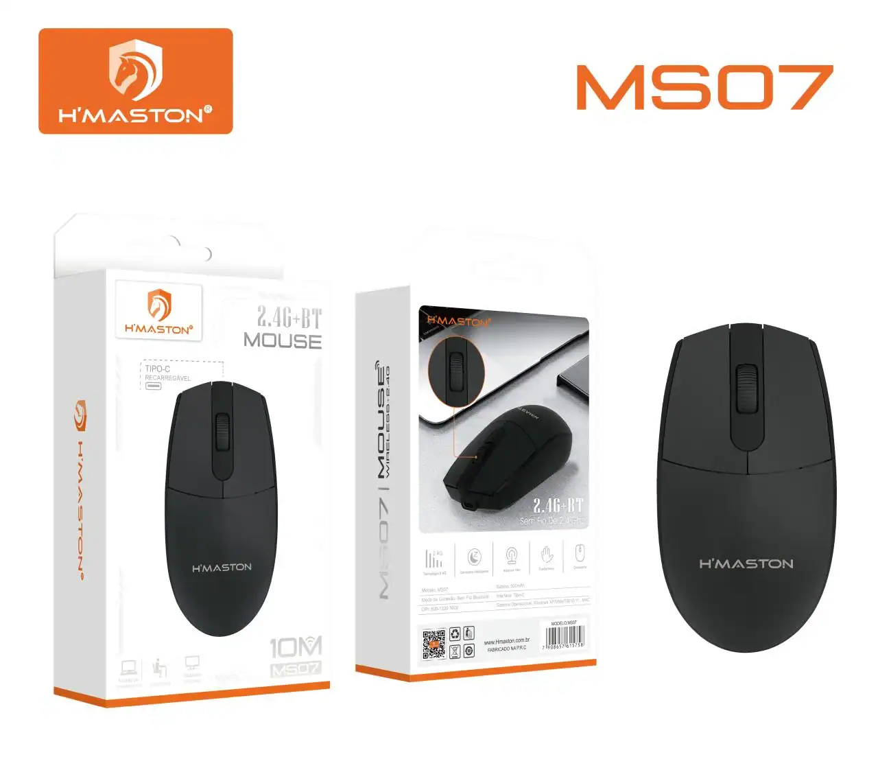 Mouse sem fio H'MASTON MS07 com conexão Bluetooth e 2.4G, ideal para uso doméstico e profissional, oferece alta precisão e praticidade.