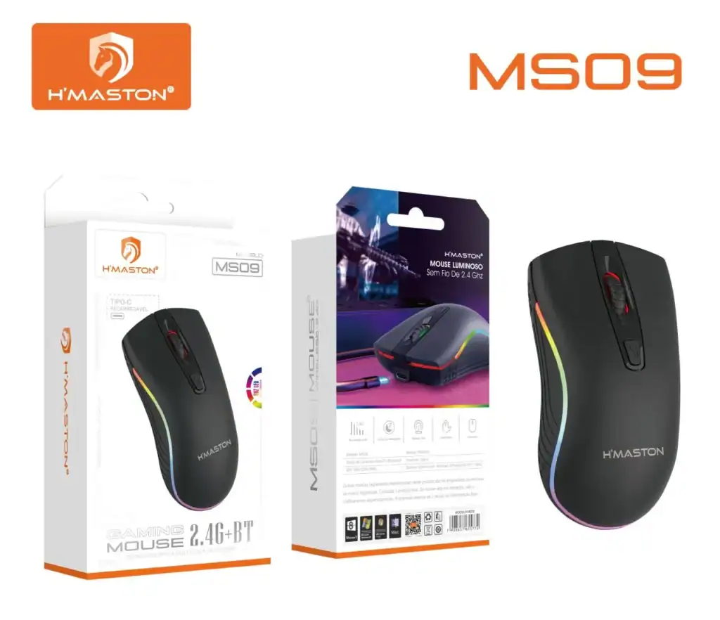 Mouse H'Maston MS09 recarregável com conexão 2.4G e Bluetooth, ideal para uso em diferentes dispositivos. Design ergonômico, luzes LED coloridas e alta precisão para maior produtividade.