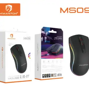 Mouse H'Maston MS09 recarregável com conexão 2.4G e Bluetooth, ideal para uso em diferentes dispositivos. Design ergonômico, luzes LED coloridas e alta precisão para maior produtividade.