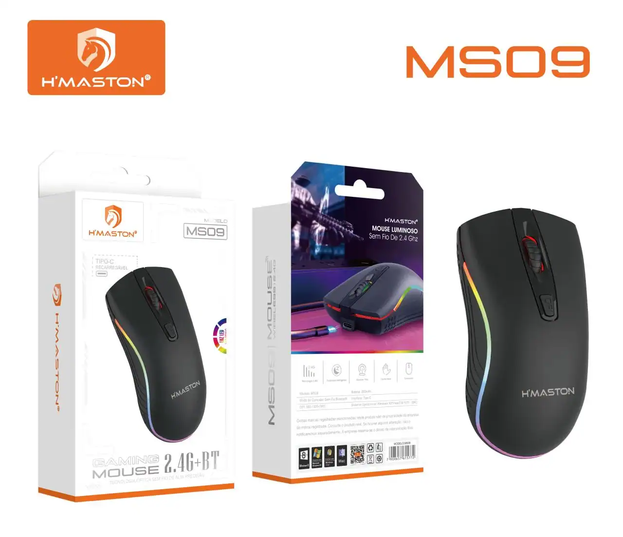 Mouse H'Maston MS09 recarregável com conexão 2.4G e Bluetooth, ideal para uso em diferentes dispositivos. Design ergonômico, luzes LED coloridas e alta precisão para maior produtividade.