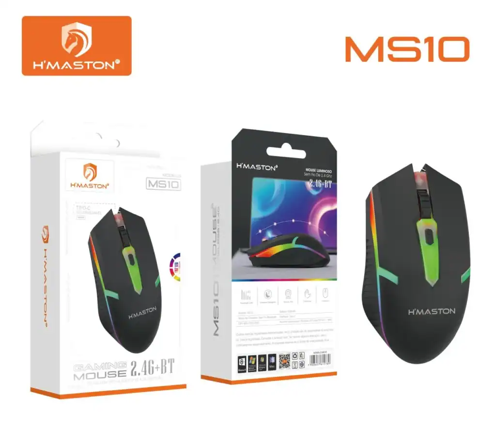 Mouse HMaston MS10 com tecnologia sem fio 2.4G e Bluetooth, design ergonômico, alta precisão e compatibilidade universal.