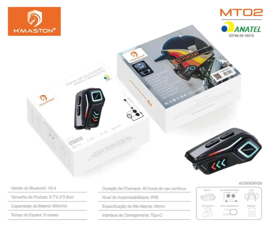 Fone Bluetooth para capacete HMaston MT02 com bateria de 800mAh, até 40 horas de uso contínuo, compatível com capacetes de moto, fácil de usar e com alta qualidade de áudio.
