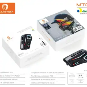 Fone Bluetooth para capacete HMaston MT02 com bateria de 800mAh, até 40 horas de uso contínuo, compatível com capacetes de moto, fácil de usar e com alta qualidade de áudio.