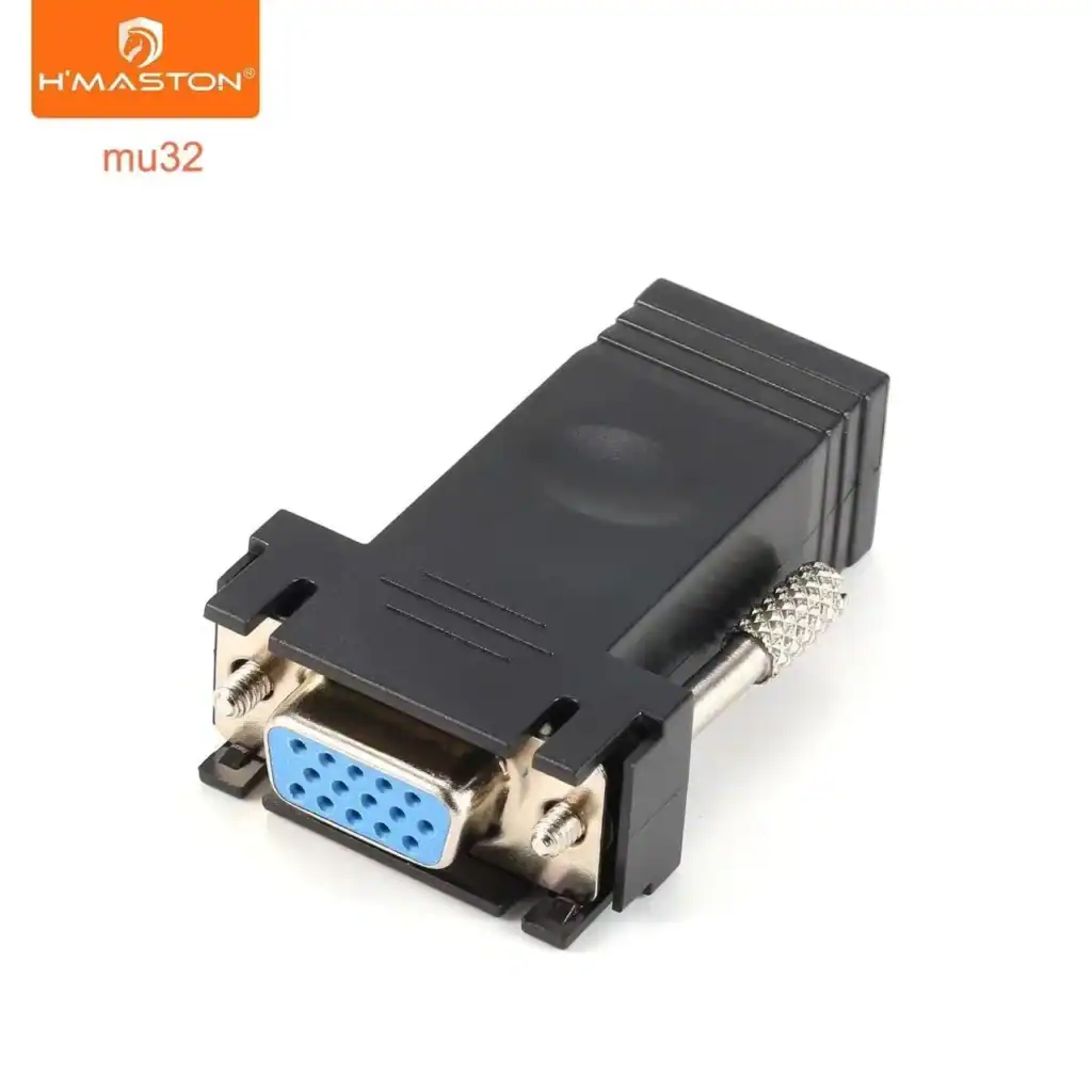 Adaptador H'MASTON MU32 para conexão VGA via cabo de rede RJ45, ideal para prolongar sinais VGA e facilitar a adaptação em instalações de vídeo profissionais.