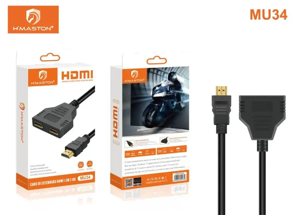 Cabo de extensão HDMI MU34 com 1 entrada macho, ideal para ampliar a conexão entre dispositivos de áudio e vídeo. Compatível com televisores, consoles e computadores, garantindo alta qualidade de sina.