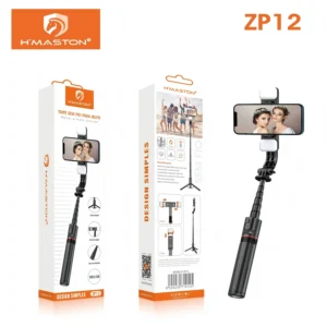 HMaston ZP12 Tripé selfie stick sem fio bluetooth com luz de enchimento 360° Comprimento máximo: 1,085 metros