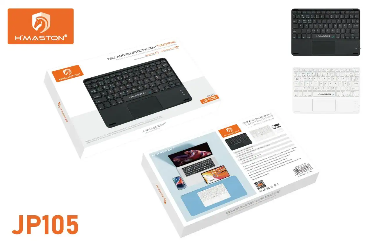 Teclado portátil, recarregável via Tipo-C, compatível com dispositivos Bluetooth, design slim e elegante, ideal para trabalho e lazer.