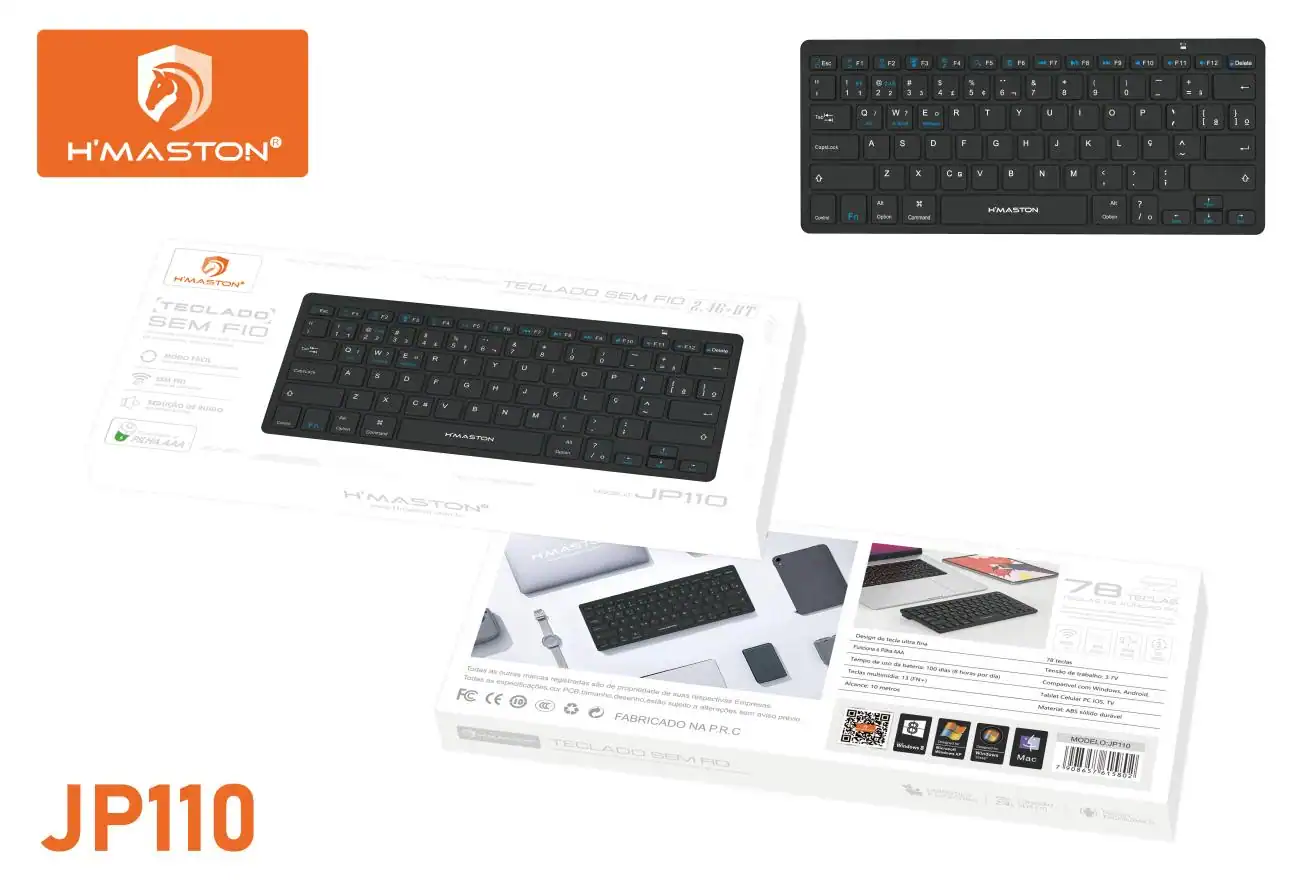 Teclado sem fio H'Maston JP110 com 78 teclas de alta precisão, design compacto e tecnologia de membrana tipo tesoura para maior conforto e durabilidade, ideal para uso doméstico e profissional.