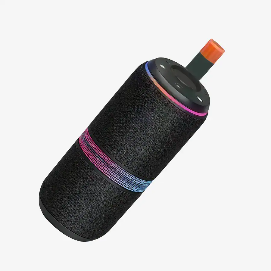 Falante Bluetooth portátil com design moderno, som de alta qualidade e luzes LED coloridas, ideal para festas e uso ao ar livre.