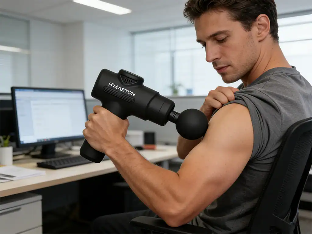Homem usando aparelho de massagem muscular H'MASTON na loja ou escritório, focado em relaxar o braço com tecnologia de vibração para alívio de tensões musculares.