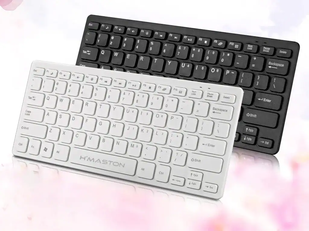 Teclado sem fio H'MASTON em cores branca e preta, ideal para uso em computadores, notebooks e dispositivos móveis, com design ergonômico e conexão Bluetooth.