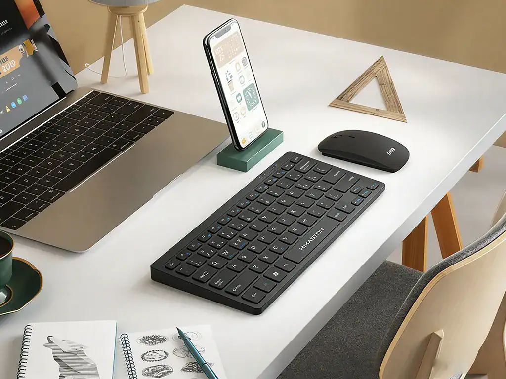Teclado sem fio H'MASTON para computador, ideal para escritório e home office, com design compacto e conexão Bluetooth fácil.