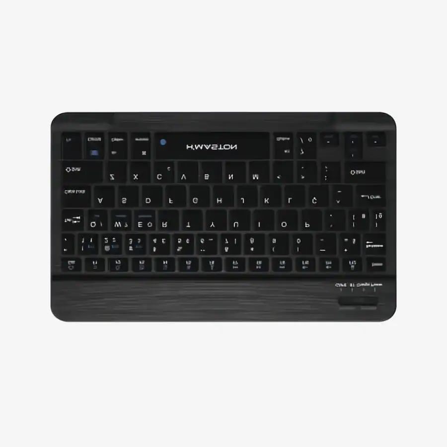 Teclado Bluetooth compacto para dispositivos móveis e computadores, ideal para uso portátil e conexão sem fio.