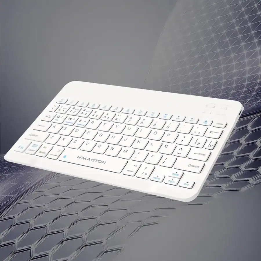 Teclado H'MASTON branco, compacto e ergonômico, ideal para uso em escritórios e ambientes de trabalho, com design elegante e teclas de fácil digitação.