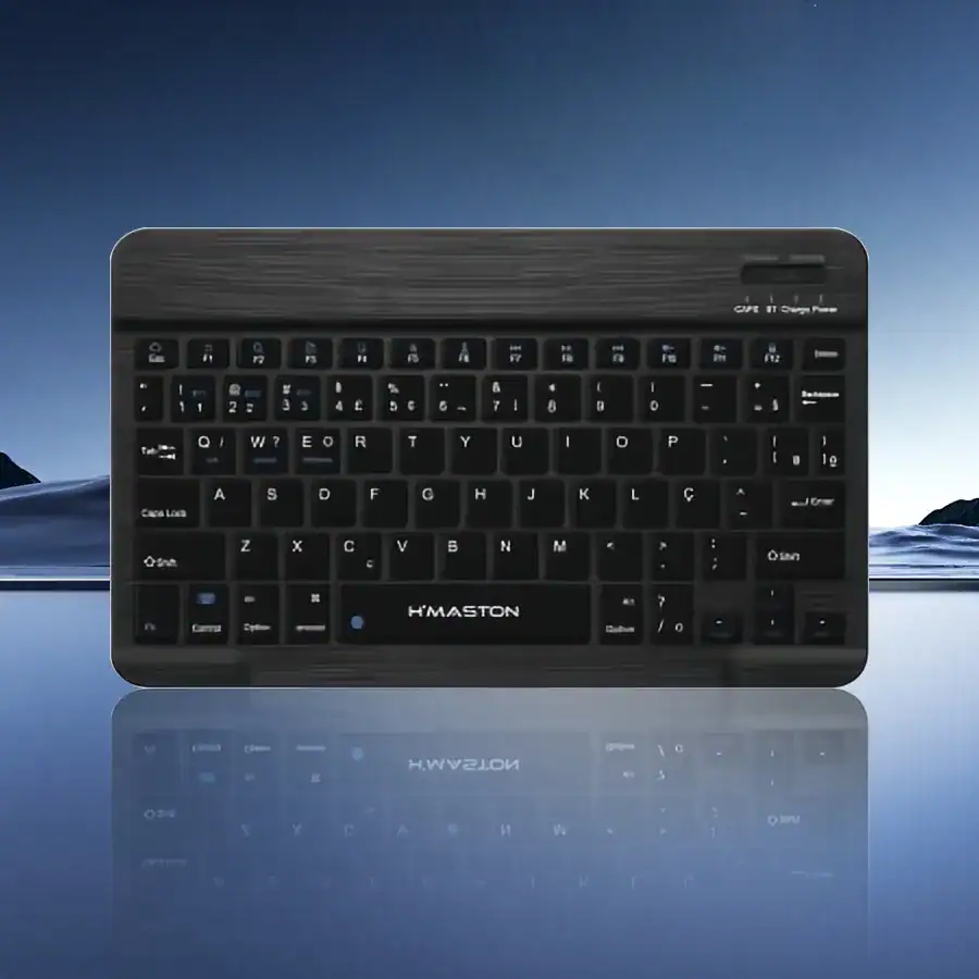 Teclado Bluetooth portátil e compacto da H'MASTON, ideal para uso em dispositivos móveis e computadores, com design moderno e funcionalidade sem fio.