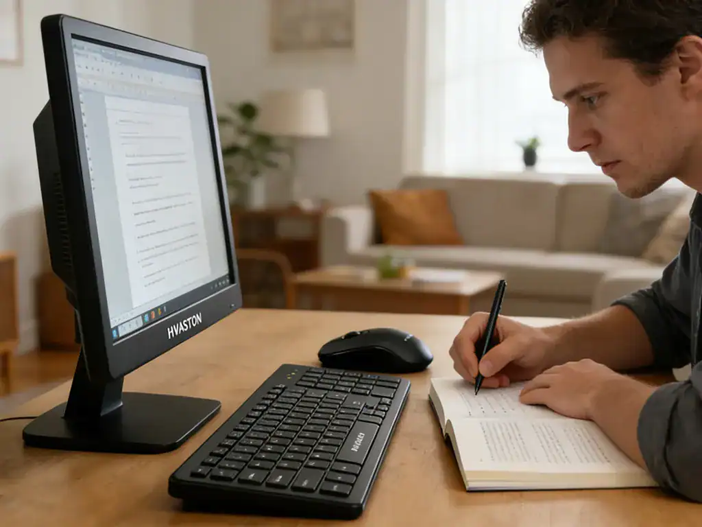 Jovem profissional trabalhando em casa com computador, teclado e caderno, representando produtividade e home office com tecnologia moderna.