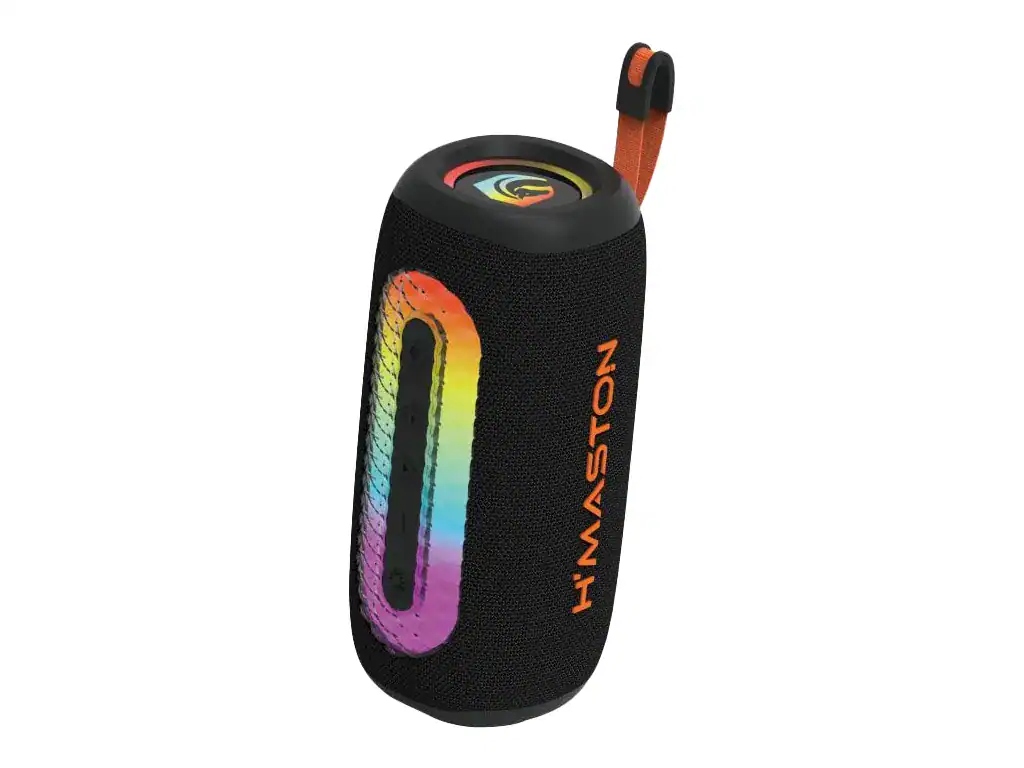 Caixa de som Bluetooth H'MASTON com design colorido e resistente, ideal para festas e atividades ao ar livre, oferecendo som de alta qualidade e conectividade fácil.