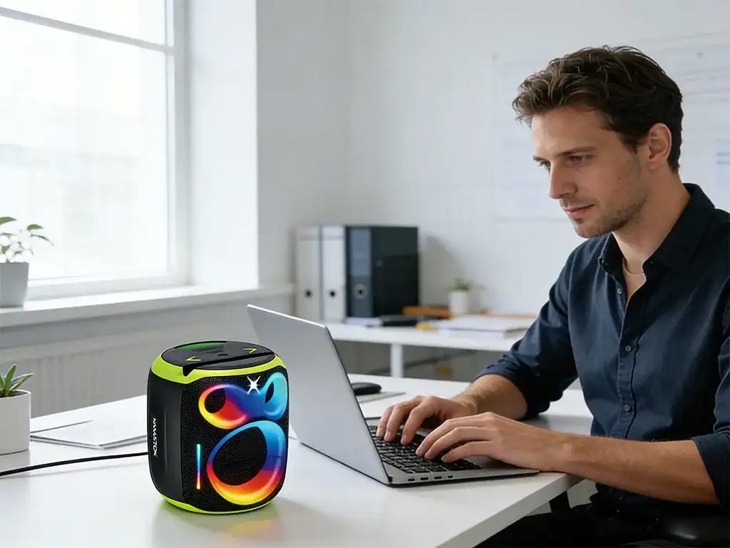 Imagem de um homem trabalhando em um escritório com um laptop, ao lado de um dispositivo inteligente com design moderno e cores vibrantes, destacando inovação tecnológica.