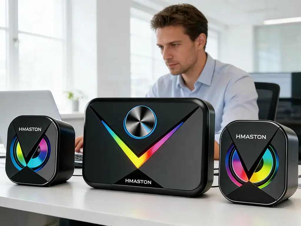Caixas de som Bluetooth H'MASTON com iluminação LED colorida, som de alta qualidade e design moderno, perfeitas para festas, eventos e uso diário.