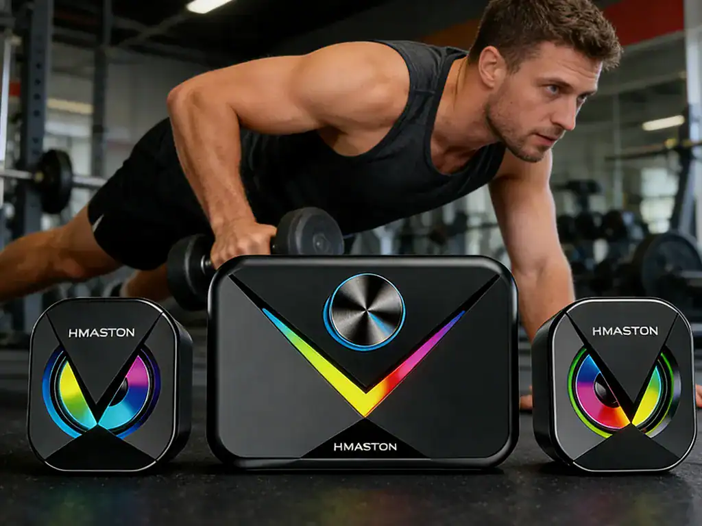 Homem treinando com equipamentos de musculação H'MASTON em academia moderna, focado em força e resistência.