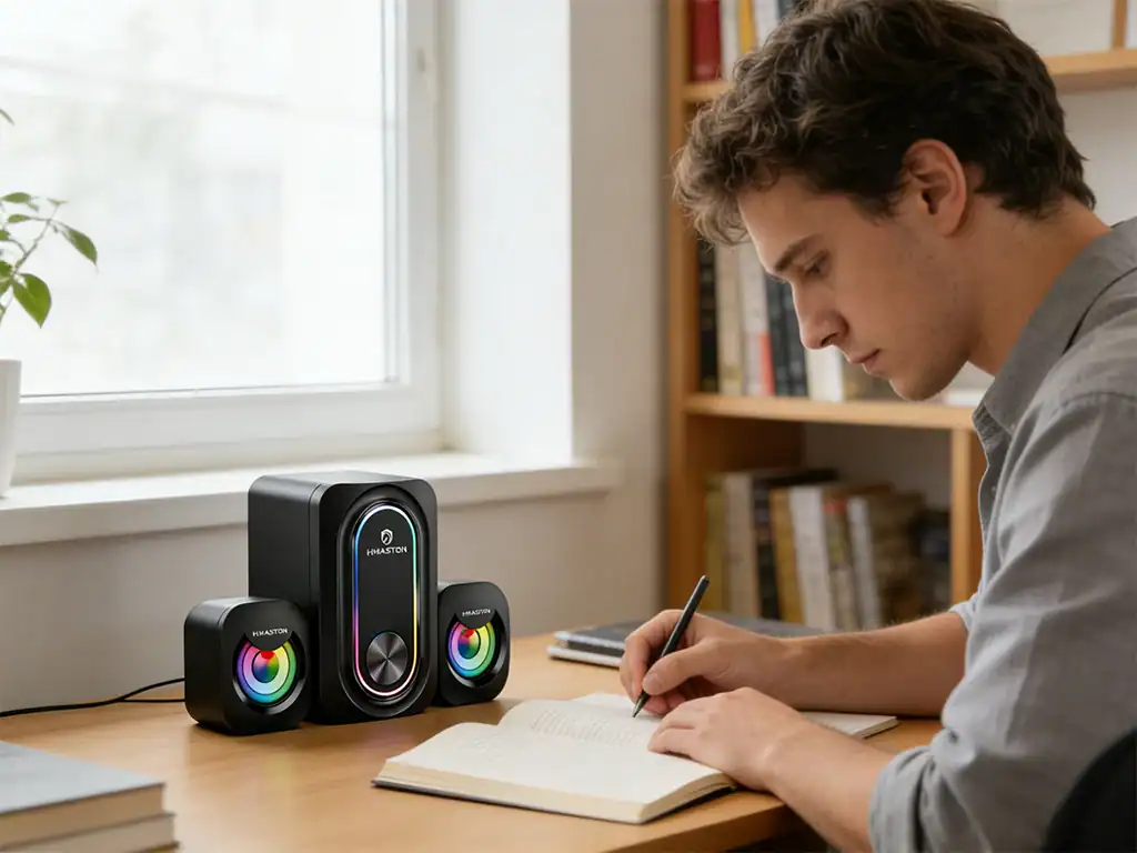 Jovem estudando com sistema de som H'MASTON ao lado, em ambiente interno bem iluminado, ideal para música e estudo.