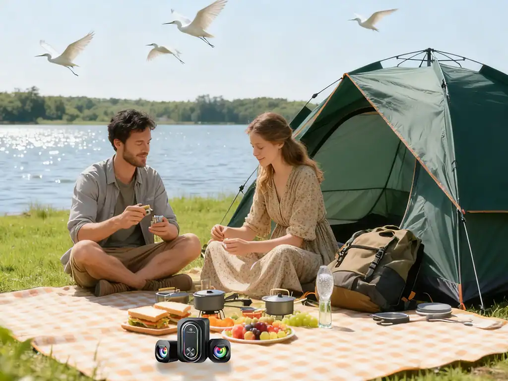 Casal aproveitando um dia de camping ao ar livre com barraca, comida e natureza ao redor, ideal para quem busca aventura e contato com a natureza.