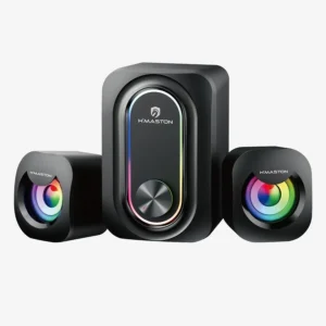 Sistema de som H'MASTON com alto-falantes RGB, ideal para gamers e entusiastas de áudio, com design moderno e som de alta qualidade para uma experiência imersiva.