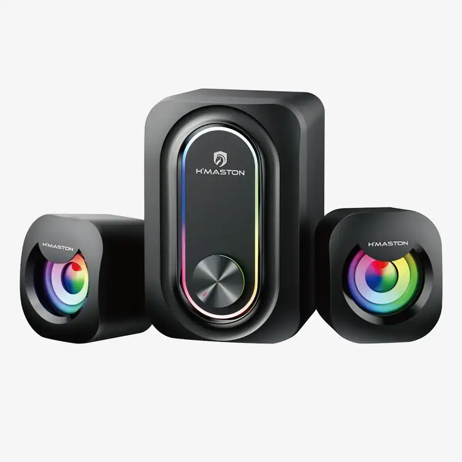 Sistema de som H'MASTON com alto-falantes RGB, ideal para gamers e entusiastas de áudio, com design moderno e som de alta qualidade para uma experiência imersiva.