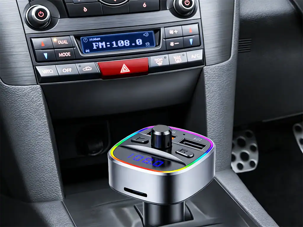 Controle de carro com carregador de celular sem fio e luz de LED colorida, ideal para manter seu smartphone carregado enquanto dirige com estilo e praticidade.