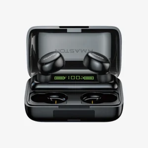 Fones Bluetooth H'MASTON com carregador portátil, conexão sem fio, som de alta qualidade e bateria de longa duração, ideal para uso diário e atividades esportivas.