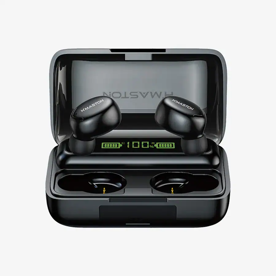 Fones Bluetooth H'MASTON com carregador portátil, conexão sem fio, som de alta qualidade e bateria de longa duração, ideal para uso diário e atividades esportivas.
