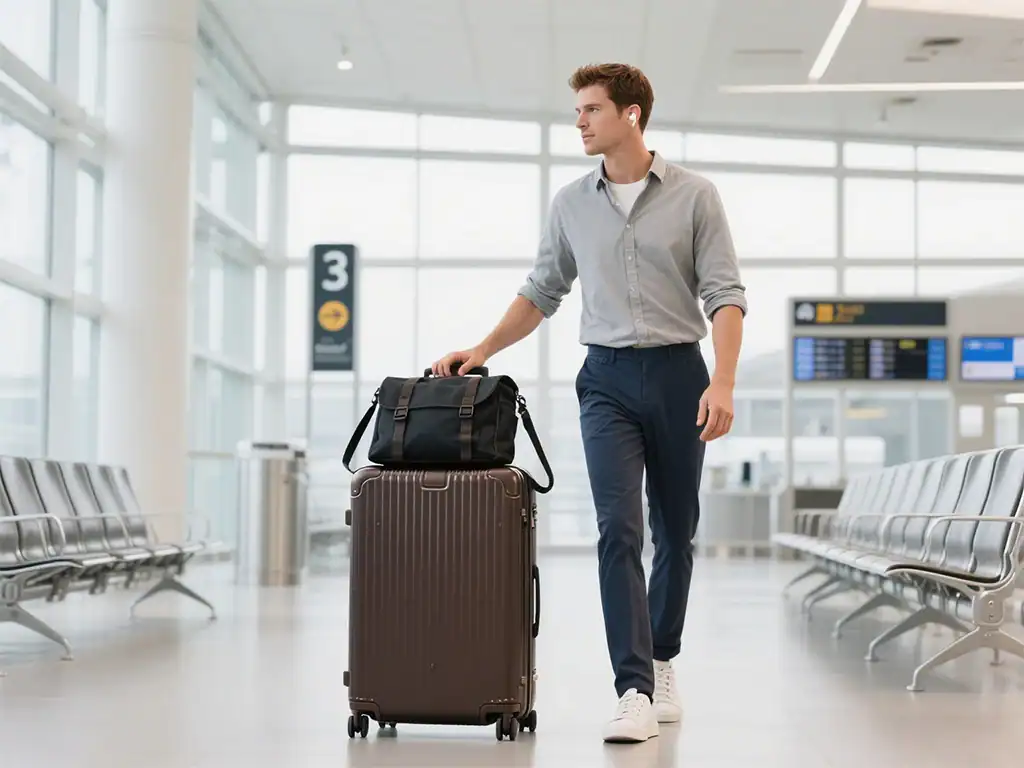 Jovem homem com mala de viagem e mochila no aeroporto, aguardando embarque, ambiente moderno e bem iluminado, foco em transporte e viagens.