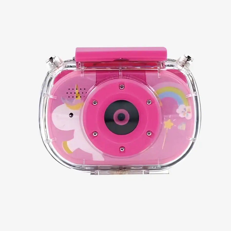 Câmera infantil rosa com design de unicórnio, arco-íris e estrelas, ideal para crianças que adoram brincadeiras criativas e divertidas.