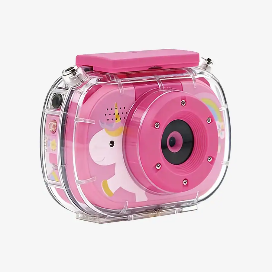 Câmera infantil resistente à água com design de unicórnio rosa, ideal para crianças que gostam de fotografia e aventuras ao ar livre. Perfeita para capturar momentos divertidos com segurança.