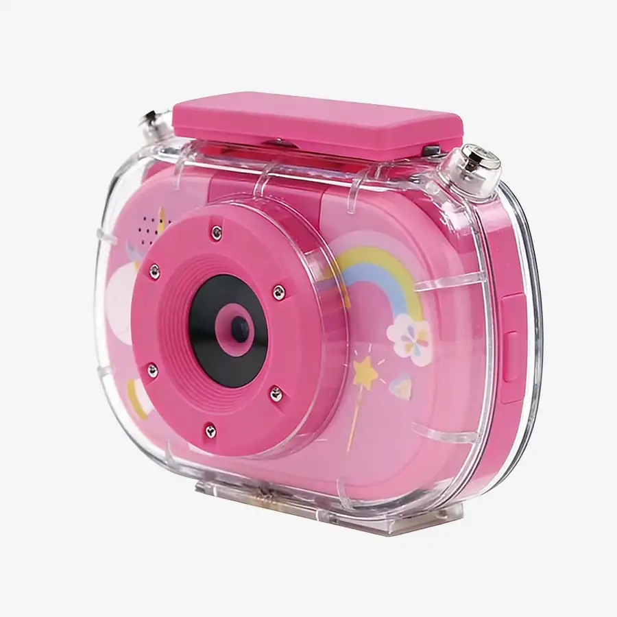 Câmera infantil rosa com design divertido, ideal para crianças, com estampa de arco-íris, estrelas e nuvens, perfeita para estimular a criatividade e a diversão das crianças.