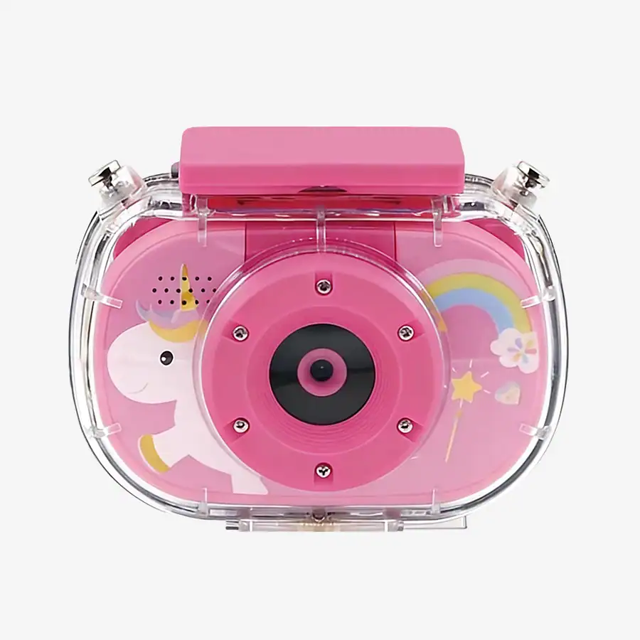 Câmera infantil com design de unicórnio rosa, ideal para crianças, com elementos divertidos como arco-íris, estrela e nuvem, promovendo criatividade e diversão.