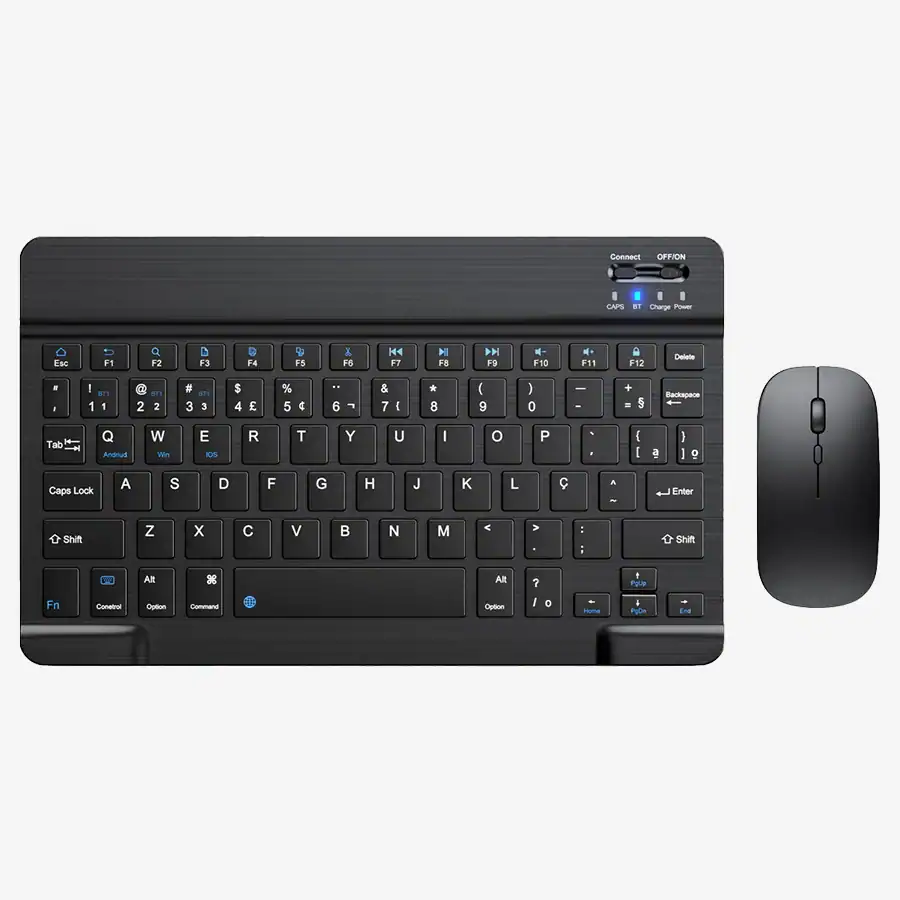 Teclado e mouse sem fio compatíveis com computadores, ideais para escritório e uso doméstico, com conexão Bluetooth e design ergonômico.