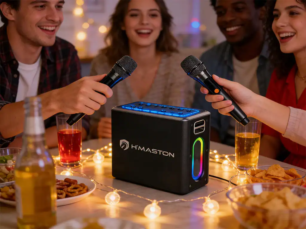 Caixa de som portátil H'MASTON com luzes LED coloridas, ideal para festas e eventos ao ar livre, proporcionando som de alta qualidade e iluminação vibrante para animar qualquer ocasião.