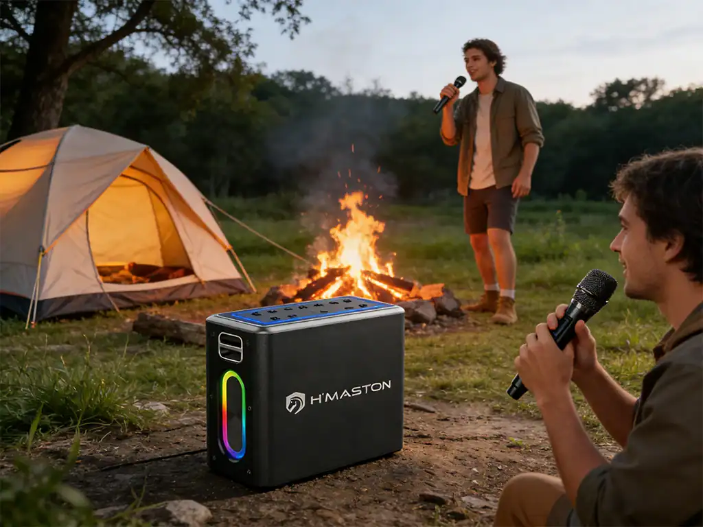 Câmera portátil H'MASTON para gravações ao ar livre, ideal para camping, trilhas e aventuras na natureza, com alta qualidade de vídeo e resistência às condições externas.