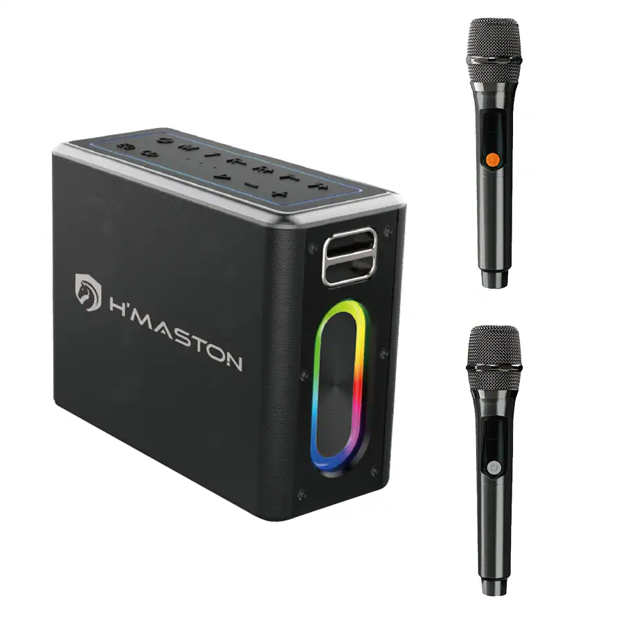 Sistema de som portátil H'MASTON com microfones sem fio, ideal para eventos, apresentações e festas, com controle de volume e luzes LED coloridas.