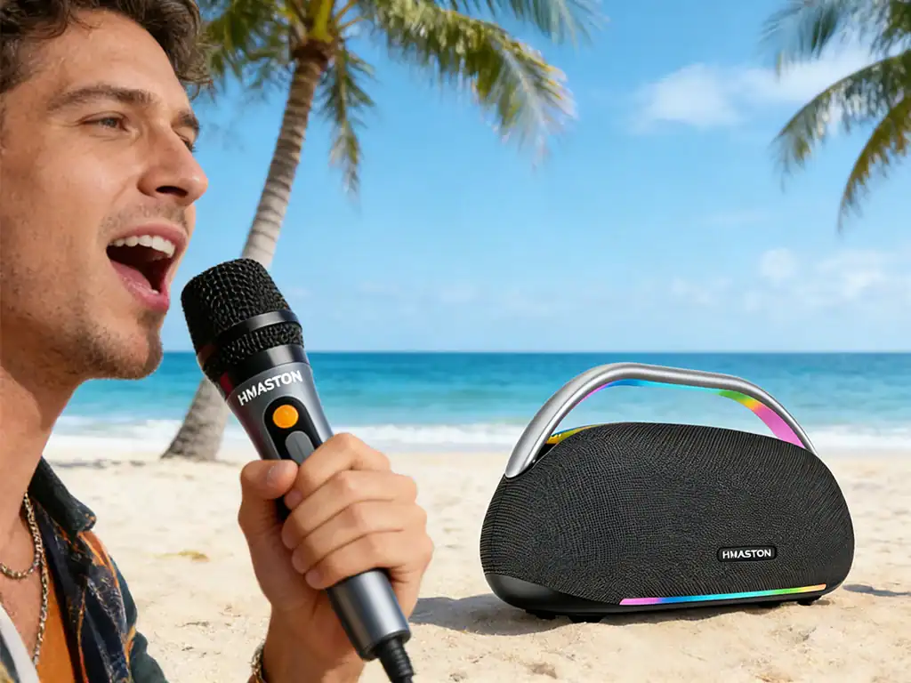 Homem cantando ao ar livre na praia com microfone e alto-falante portátil H'MASTON, cenário de areia, mar e palmeiras ao fundo, ideal para eventos ao ar livre e festas na praia.