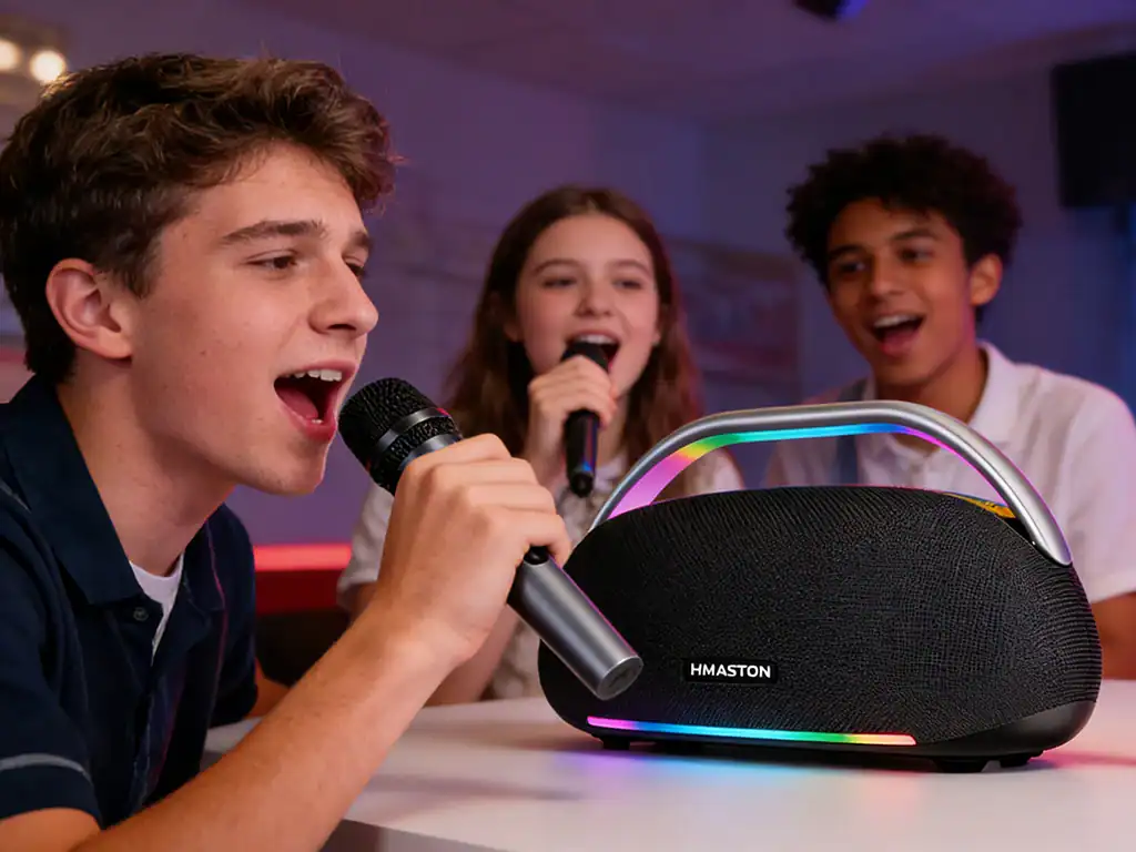 Caixa de som portátil H'MASTON com luzes LED, ideal para festas e eventos, proporcionando som de alta qualidade e uma experiência visual vibrante. Perfeita para animar qualquer ocasião.