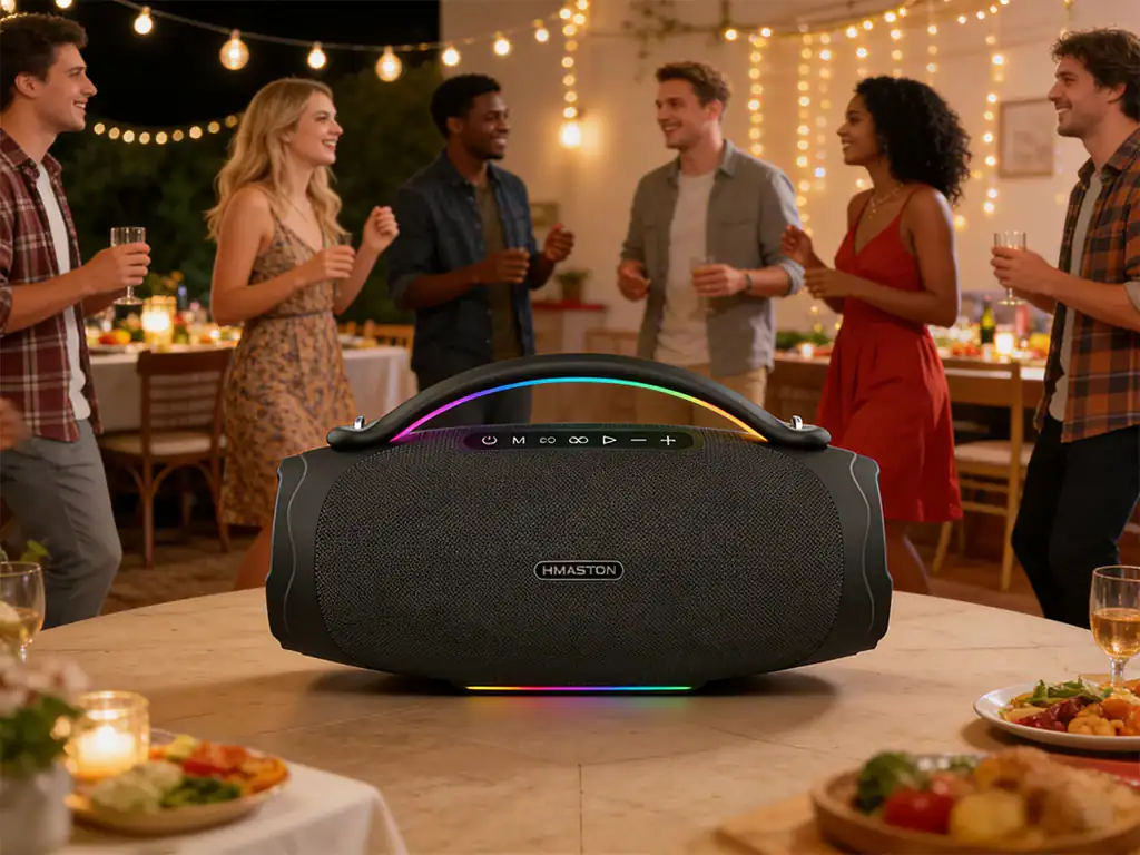 Alto-falante portátil H'MASTON ideal para festas ao ar livre, com som potente, luzes LED e conexão Bluetooth, perfeito para criar uma atmosfera animada em eventos e encontros sociais.