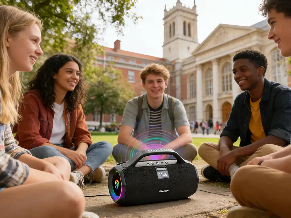 Jovens sorridentes sentados em círculo ao redor de um alto-falante portátil, aproveitando música ao ar livre em um parque com edifícios históricos ao fundo.