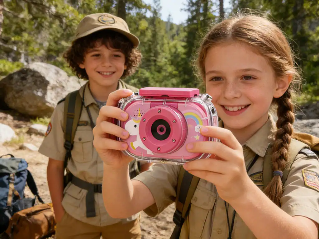 Imagem de duas crianças exploradoras ao ar livre, uma delas segurando uma câmera rosa, sorrindo e curtindo a natureza.