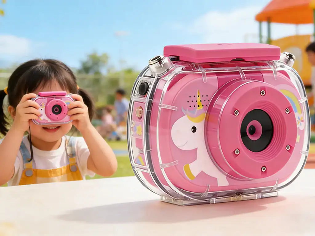 Câmera infantil colorida com tema de unicórnio rosa, ideal para crianças que gostam de fotografia e diversão ao ar livre. Design resistente e fácil de usar, perfeita para pequenos aventureiros.