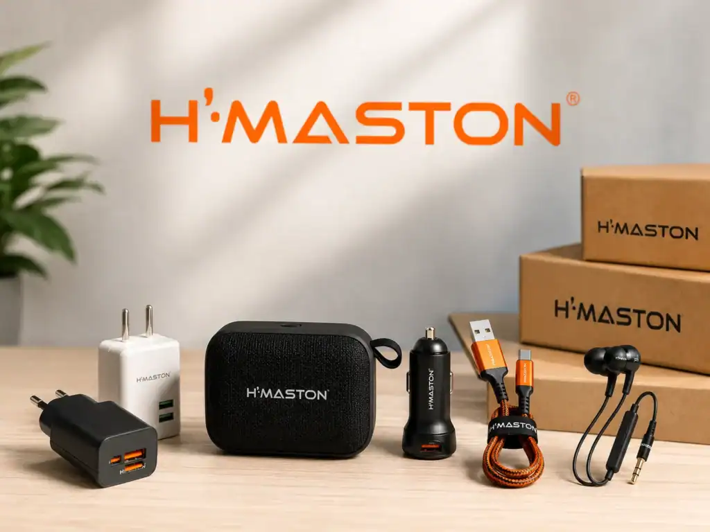 Conjunto de acessórios tecnológicos da H'MASTON, incluindo carregadores, fones de ouvido, cabos e caixas de som, ideal para quem busca inovação e praticidade.